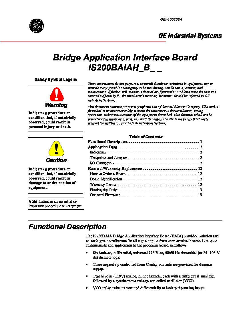 First Page Image of GEI-100268 IS200BAIAH1BCB Bridge Application Interface Board Application Data.pdf